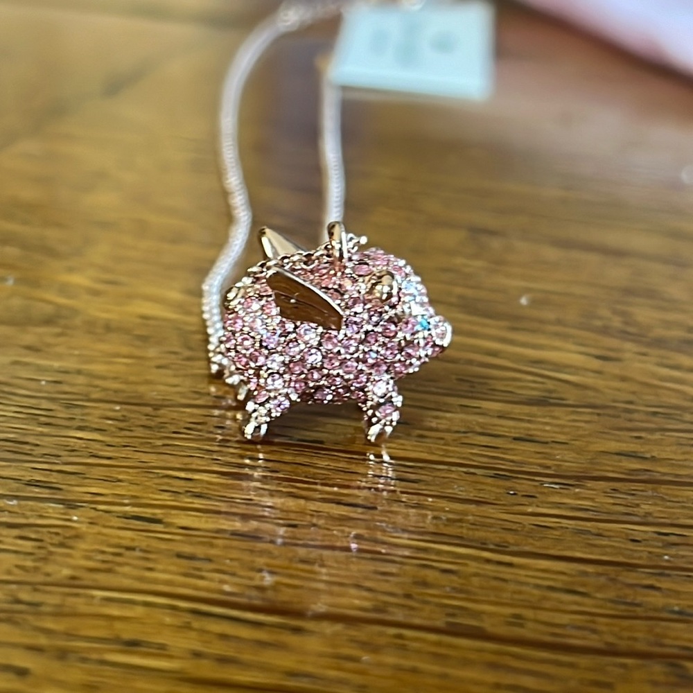 NWT Kate Spade flying pig rose gold with pink crystals necklace